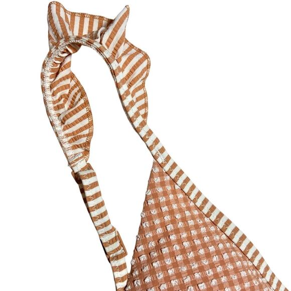 Aerie Gingham Ruffle Seersucker Triangle Bikini Swimsuit Top Raw Sienna Large - Picture 4 of 6